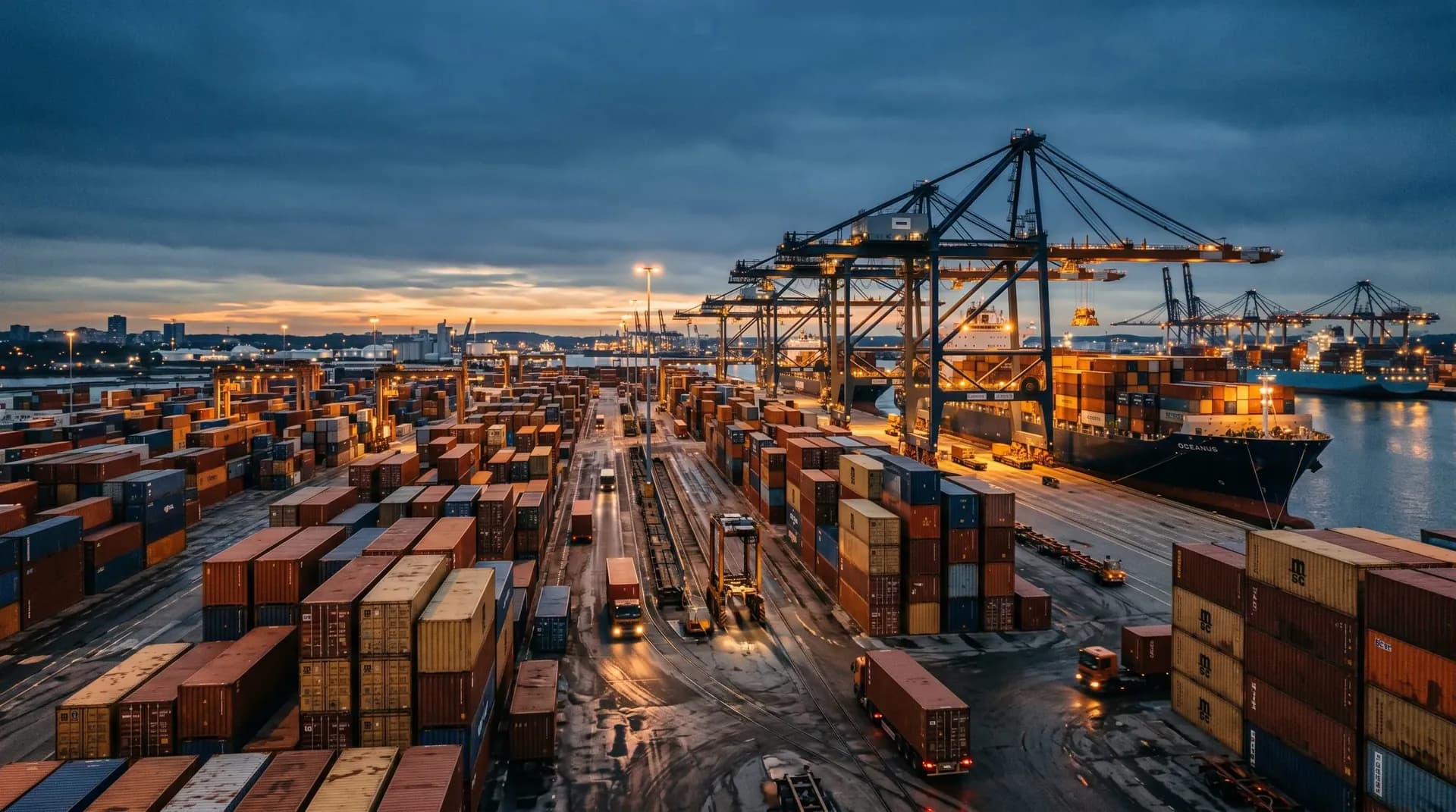 Containerterminal bei Abenddämmerung mit Verladekränen