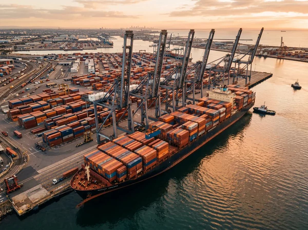 Containerschiff unter Verladekränen im Hafen
